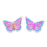 Ion Plating(IP) 304 Stainless Steel Filigree Pendants, Etched Metal Embellishments, Butterfly Charm, Rainbow Color, 18.5x26x0.3mm, Hole: 1.2mm(STAS-T057-61)