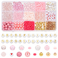 DIY Beads Jewelry Making Finding Kit, Including Acrylic & Brass & Glass & Plastic & Natural Rose Quartz & Synthetic Turquoise & Polymer Clay & Iron Beads, Corrugated & Round & Disc, Hot Pink, Beads: 4~9x3~9mm, Hole: 1~2mm, 1555Pcs/box(DIY-NB0009-77)