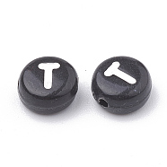 Opaque Acrylic Horizontal Hole Beads, with Enamel, Flat Round, Letter T, 7x4mm, Hole: 1.5mm(SACR-YW0001-70T)