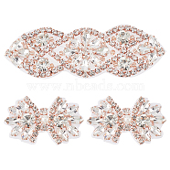 3Pcs 2 Style Glitter Hotfix Rhinestone(Hot Melt Adhesive On The Back), Crystal Rhinestone, Costume Accessories, for Bridal Belt, Flower, Rose Gold, 46~97x28~30x6mm(AJEW-FG0003-70)