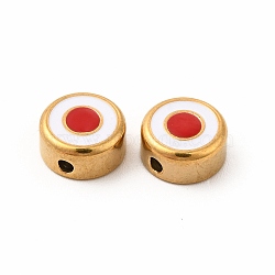 Eco-Friendly 304 Stainless Steel Beads, with Enamel, Flat Round with Evil Eye, Golden, FireBrick, 8x4mm, Hole: 1.5mm(STAS-A077-01G-03)