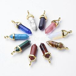 Syntheti Mixed Stone Double Terminated Pointed Pendants, Dyed, with Random Alloy Pendant Hexagon Bead Cap Bails, Bullet, Golden, 37~40x12.5x10mm, Hole: 3x4.5mm(G-G902-C)