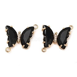 Brass Pave Faceted Glass Connector Charms, Golden Tone Butterfly Links, Black, 20x22x5mm, Hole: 1.2mm(FIND-Z020-04C)