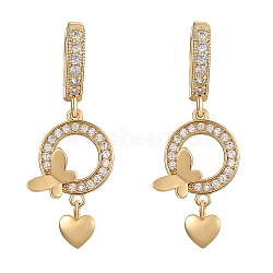 Clear Cubic Zirconia Ring with Butterfly and Heart Dangle Hoop Earring, Brass Jewelry for Women, Golden, 35mm, Pin: 0.9mm(EJEW-SW00011-08)