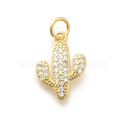 Brass Micro Pave Clear Cubic Zirconia Pendants, with Jump Ring, Long-Lasting Plated, Lead Free & Cadmium Free, Cactus Charms, Real 18K Gold Plated, 16x11x2.5mm, Hole: 3.5mm(KK-L225-032G)