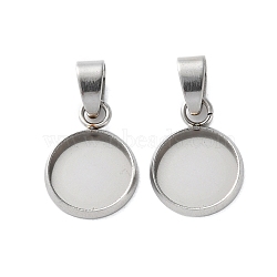 304 Stainless Steel Pendant Cabochon Settings, Flat Round Charms, Stainless Steel Color, Tray: 10mm, 15.5x11.5x2mm, Hole: 6x3.5mm(STAS-L282-010P-03)