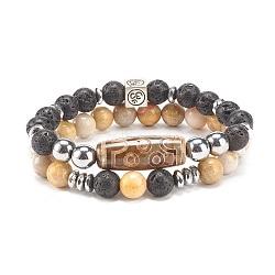 2Pcs 2 Style Mala Bead Bracelets Set with Tibetan Agate Dzi Beads, Natural Fossil Coral & Lava Rock & Synthetic Hematite Stretch Bracelets with Yoga Theme Alloy for Women, Inner Diameter: 2-1/8 inch(5.5cm), 1Pc/style(BJEW-JB08020-03)