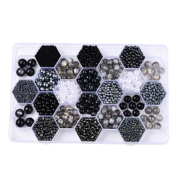 DIY 24 Style Acrylic & Resin Beads Jewelry Making Finding Kit, Round & Rice, Black, 2.2~12x1.5~11.5mm, Hole: 0.7~2.2mm(DIY-NB0012-01B)