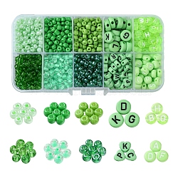 DIY Flat Round & Heart Acrylic & Glass Seed Beads Jewelry Making Findings Kits, Green, 4~10x4~10x2.5~4.5mm, Hole: 1.2~2mm(DIY-FS0006-43C)