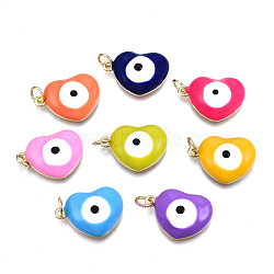 Brass Enamel Charms, Cadmium Free & Nickel Free & Lead Free, Heart with Evil Eye, Real 16K Gold Plated, Mixed Color, 14x18x6mm, Jump Ring: 5x0.7mm, 3.6mm Inner Diameter(KK-S362-014-NR)