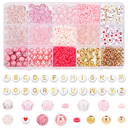 DIY Beads Jewelry Making Finding Kit, Including Acrylic & Brass & Glass & Plastic & Natural Rose Quartz & Synthetic Turquoise & Polymer Clay & Iron Beads, Corrugated & Round & Disc, Hot Pink, Beads: 4~9x3~9mm, Hole: 1~2mm, 1555Pcs/box(DIY-NB0009-77)