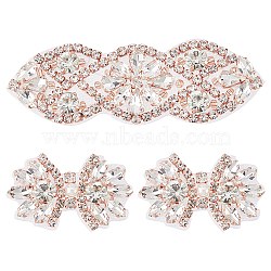 3Pcs 2 Style Glitter Hotfix Rhinestone(Hot Melt Adhesive On The Back), Crystal Rhinestone, Costume Accessories, for Bridal Belt, Flower, Rose Gold, 46~97x28~30x6mm(AJEW-FG0003-70)