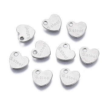 201 Stainless Steel Charms, Stamping Blank Tag, Heart with Word S.Steel, Stainless Steel Color, 6.5x7x0.5mm, Hole: 1.2mm