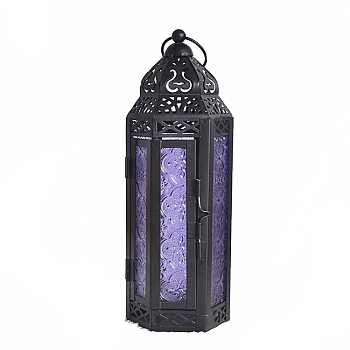 Retro Electrophoresis Black Plated Iron Ramadan Candle Lantern, Portable Glass Decorative Hanging Lamp Candle Holder for Home Decoration, Medium Purple, 95x80x250mm