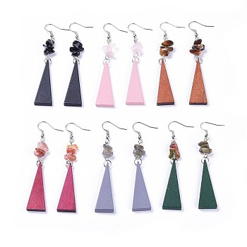 Pear Wood Dangle Earring, with Natural Gemstone Chip Beads and Brass Earring Hooks, Triangle, Platinum, 78mm, Pin: 0.7mm