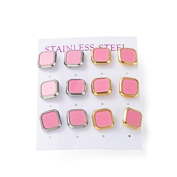 6 Pair 2 Color Square Acrylic Stud Earrings, Golden & Stainless Steel Color 304 Stainless Steel Earrings, Pearl Pink, 12x12mm, 3 Pair/color