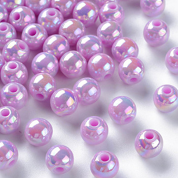 Opaque Acrylic Beads, AB Color Plated, Round, Violet, 8x7mm, Hole: 2mm