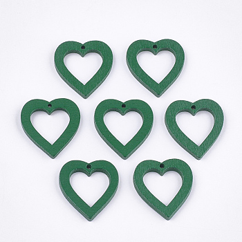 Painted Poplar Wood Pendants, Heart, Green, 25x23x3mm, Hole: 1.5mm