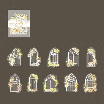 Window & Flower Paper Stickers Set, Decorative Stickers, for Water Bottles, Laptop, Luggage, Cup, Computer, Mobile Phone, Skateboard, Guitar Stickers, Gold, 70~75x53~60x0.1mm, 10 styles, 2pcs/style, 20pcs/set