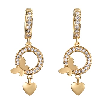 Clear Cubic Zirconia Ring with Butterfly and Heart Dangle Hoop Earring, Brass Jewelry for Women, Golden, 35mm, Pin: 0.9mm