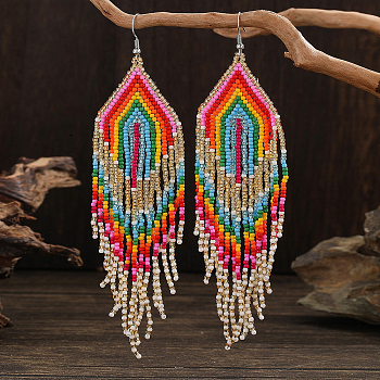 Bohemian Style Multicolor Rainbow Glass Bead Tassel Earrings for Women, Colorful, 145x38mm