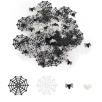 120Pcs 4 Style Plastic Toys, Scary Halloween Toys, Spider Web Coaster & Spider, Mixed Color, 13.5~54.5x21~51.5x1.5~6mm, 30pcs/style