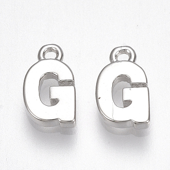Brass Charms, Letter, Nickel Free, Real Platinum Plated, Letter.G, 8.5x5x1.5mm, Hole: 0.8mm