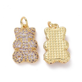 Brass Micro Pave Cubic Zirconia Pendants, with Jump Ring, Bear Charms, Golden, Pink, 19x12x4mm, Hole: 3mm