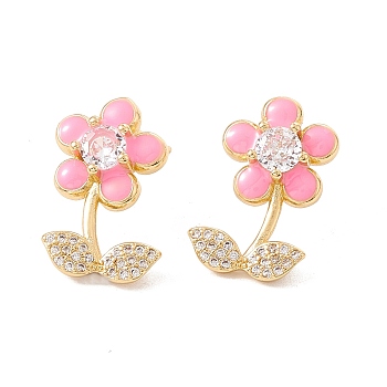 Enamel Flower of Life Stud Earrings with Clear Cubic Zirconia, Rack Plating Brass Jewelry for Women, Real 18K Gold Plated, Cadmium Free & Lead Free, Pearl Pink, 18x12mm, Pin: 0.6mm