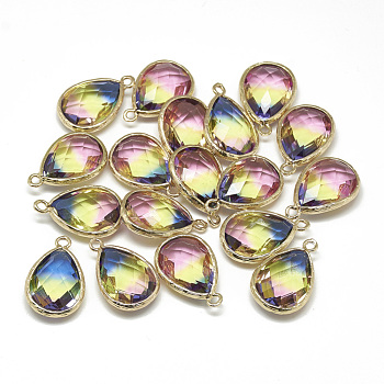 Glass Pendants, with Golden Tone Brass Findings, Faceted, Teardrop, Champagne Yellow, 23x15x7mm, Hole: 1.5~2mm