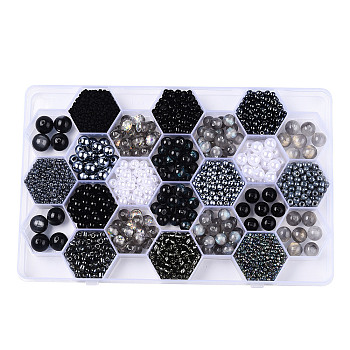 DIY 24 Style Acrylic & Resin Beads Jewelry Making Finding Kit, Round & Rice, Black, 2.2~12x1.5~11.5mm, Hole: 0.7~2.2mm