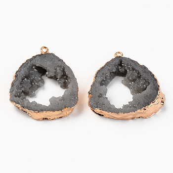 Druzy Resin Pendants, Imitation Geode Druzy Agate Slices, with Edge Light Gold Plated Iron Loops, Nuggets, Gray, 38~39x32.5~33.5x7~8mm, Hole: 1.6mm