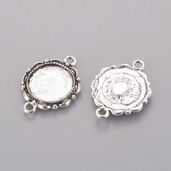 Tibetan Style Cabochon Connector Settings, Lead Free & Nickel Free, Flat Round, Antique Silver, 26x19x2mm, Hole: 2mm, Tray: 14x14mm