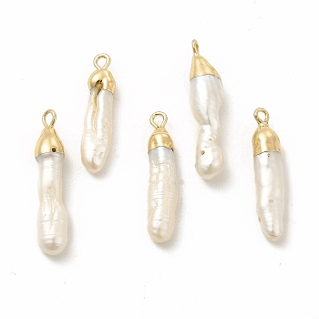 Baroque Natural Keshi Pearl Pendants, Column Charms, with Brass Loops, Light Gold, 24~29x5~7x4~7mm, Hole: 1.5~2mm
