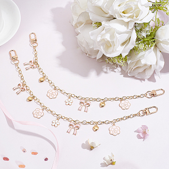 WADORN 2Pcs Brass Cable Chains Bag Strap Extender, with Alloy Enamel Flower Pendants, Alloy Heart Charms & Swivel Clasps, Bowknot Pattern, 32~32.5cm, Pendant: 15~19x13~15.5x1.5~2.5mm