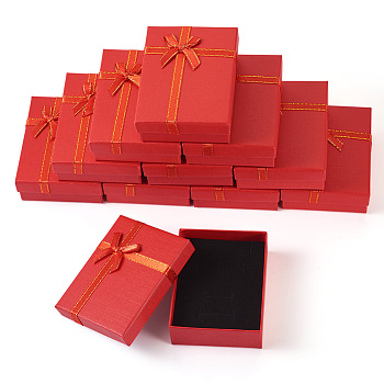 Rectangle Paper Jewelry Set Storage Boxes with Bowknot, Necklaces Rings Gift Case with Sponge Inside, FireBrick, 8.7x6.7x2.6cm