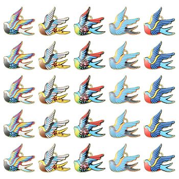 25Pcs 5 Styles Rack Plating Alloy Pendants, Printed, Lead Free & Cadmium Free & Nickel Free, Bird Charm, Light Gold, Mixed Color, 20.5x21x1.5mm, Hole: 1.8mm, 5pcs/style