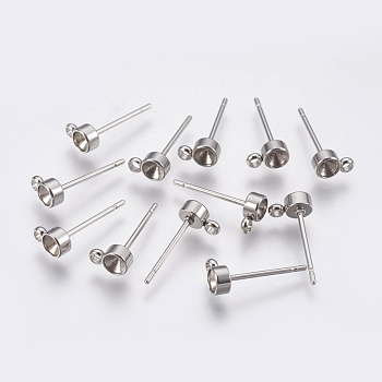 Non-Tarnish 201 Stainless Steel Stud Earring Findings, with Loop and 304 Stainless Steel Pins, For Pointed Back Rivoli Rhinestone Flat Round, Stainless Steel Color, Tray: 2mm, 14mm, Hole: 1.5mm, Pin: 0.8mm