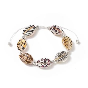 Animal Skin Printed Natural Cowrie Shell & Polymer Clay Braided Bead Bracelet with Rhinestone, Adjustable Bracelet for Women, Colorful, Inner Diameter: 2~3 inch(5.2~7.5cm)