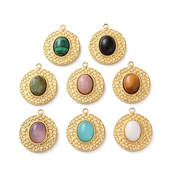 Ion Plating(IP) 304 Stainless Steel Pendants, with Gemstone, Flat Round, Real 18K Gold Plated, 17.5x15x5mm, Hole: 1.5mm