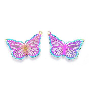 Ion Plating(IP) 304 Stainless Steel Filigree Pendants, Etched Metal Embellishments, Butterfly Charm, Rainbow Color, 18.5x26x0.3mm, Hole: 1.2mm