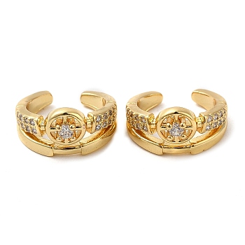 Rack Plating Brass Micro Pave Cubic Zirconia Flat Round Cuff Earrings, Non Piercing Earrings, Cadmium Free & Lead Free, Real 18K Gold Plated, 13.5x14x7mm