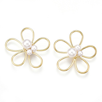 Brass Wire Beads, with ABS Plastic Imitation Pearl, Flower, Creamy White, Real 18K Gold Plated, 25.5x27.5x7.5mm