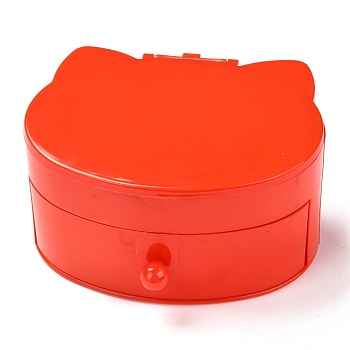 Cat Shaped Plastic Jewelry Boxes, Double Layer with Cover and Mirror, Red, 14x15.5x7.6cm, 5 compartments/box