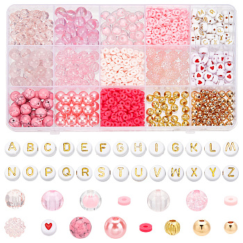DIY Beads Jewelry Making Finding Kit, Including Acrylic & Brass & Glass & Plastic & Natural Rose Quartz & Synthetic Turquoise & Polymer Clay & Iron Beads, Corrugated & Round & Disc, Hot Pink, Beads: 4~9x3~9mm, Hole: 1~2mm, 1555Pcs/box