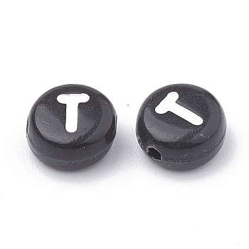 Opaque Acrylic Horizontal Hole Beads, with Enamel, Flat Round, Letter T, 7x4mm, Hole: 1.5mm