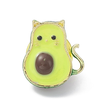 Alloy Avocado with Cat Brooch Pin, Cartoon Badge for Backpack Clothes, Green Yellow, 16x15x11mm