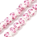Handmade Flower Printed Porcelain Ceramic Beads Strands, Round, Pearl Pink, 8mm, Hole: 2mm, about 42pcs/strand, 12.99 inch(33cm)(X-PORC-M005-8mm-03)