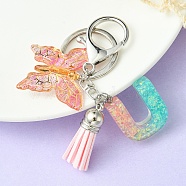 Resin & Acrylic Keychains, with Alloy Split Key Rings and Faux Suede Tassel Pendants, Letter & Butterfly, Letter U, 8.6cm(KEYC-YW00002-21)