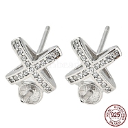 Rhodium Plated Cross 925 Sterling Silver Micro Pave Clear Cubic Zirconia Stud Earring Findings, Earring Settings for Half Drilled Beads, with S925 Stamp, Real Platinum Plated, 11x7.5mm, Pin: 10.5x0.7mm and 0.8mm(STER-Q192-24P)